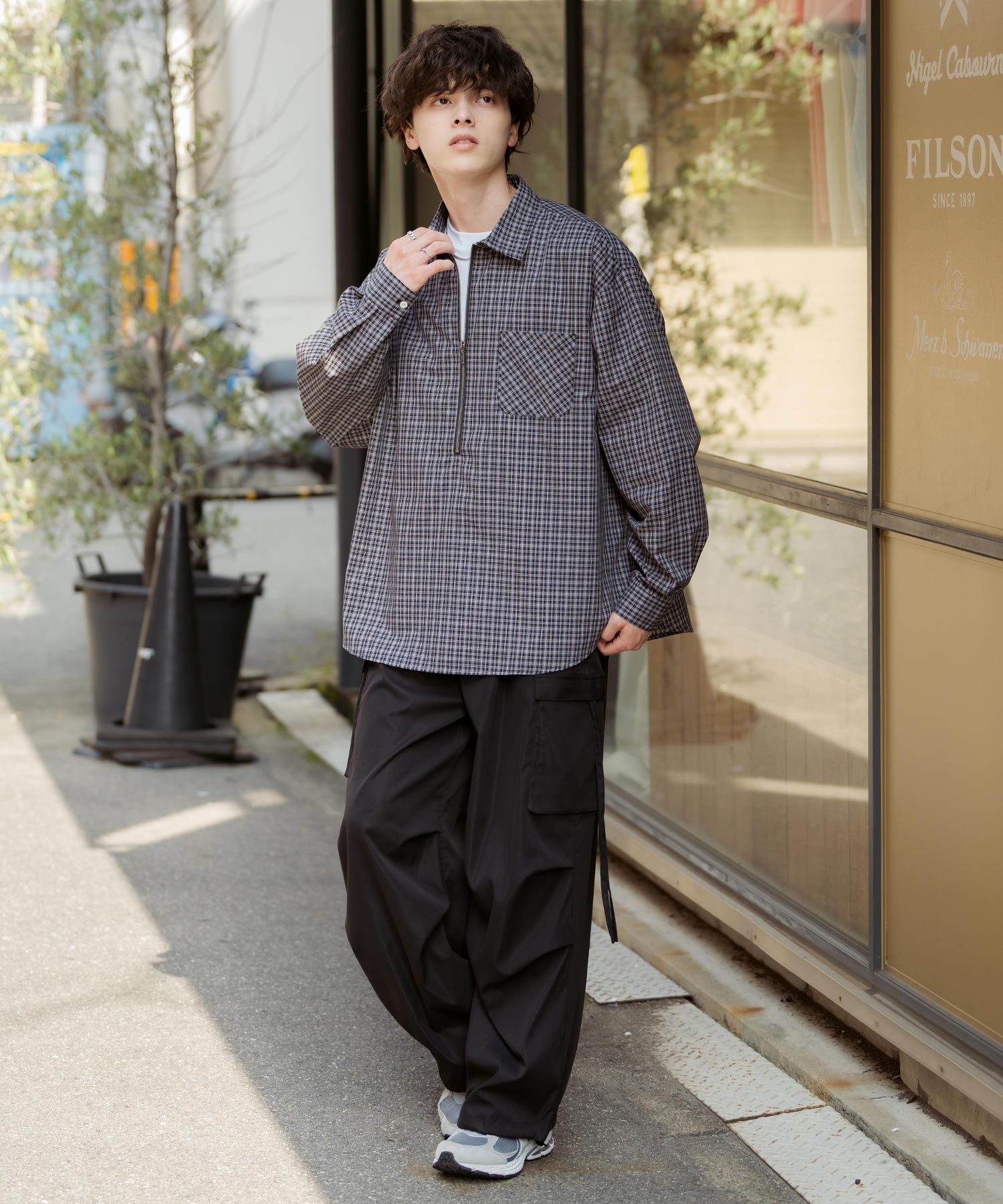 ハーフジップオーバーサイズチェックシャツ/オンブレチェック