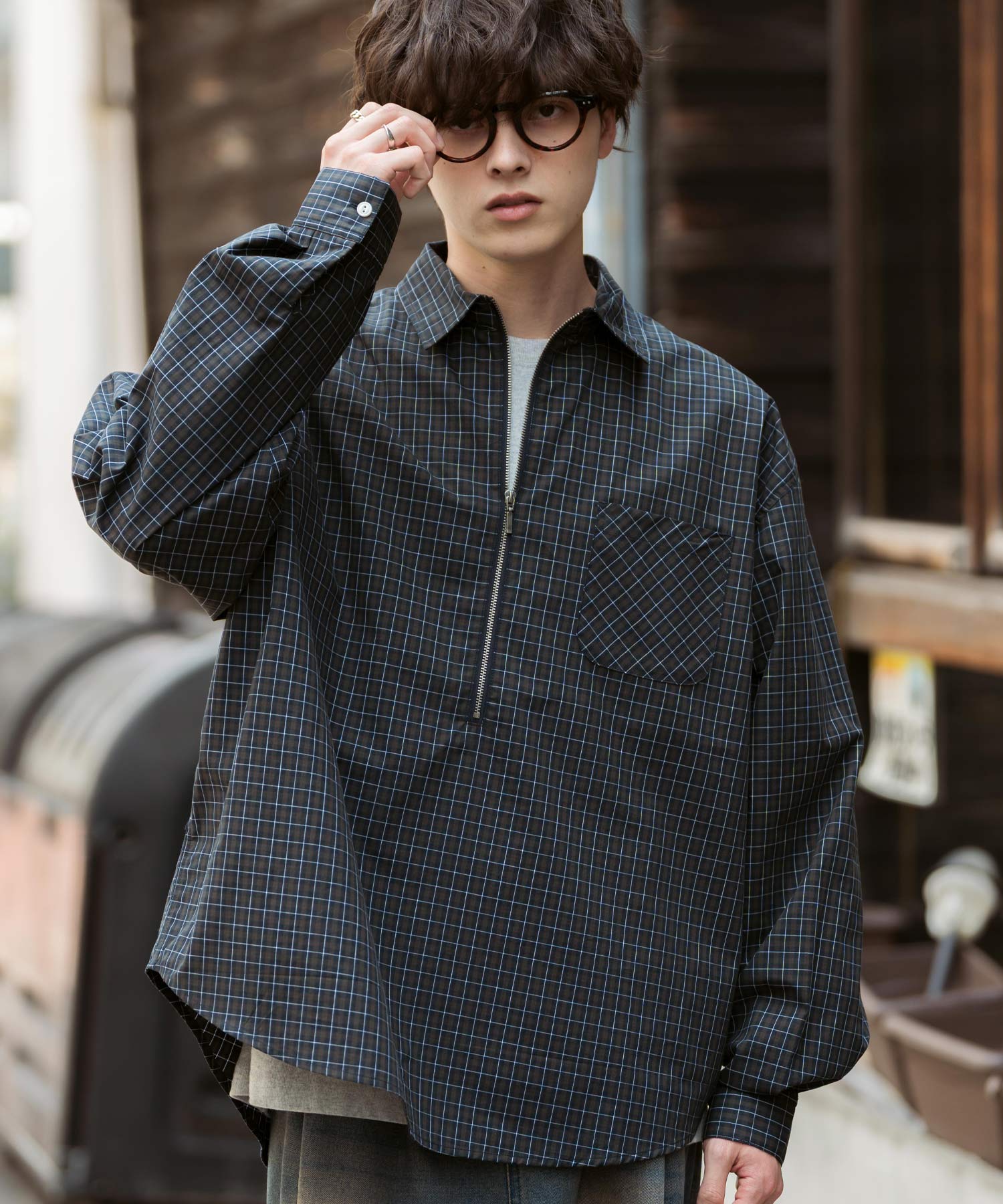 ハーフジップオーバーサイズチェックシャツ/オンブレチェック