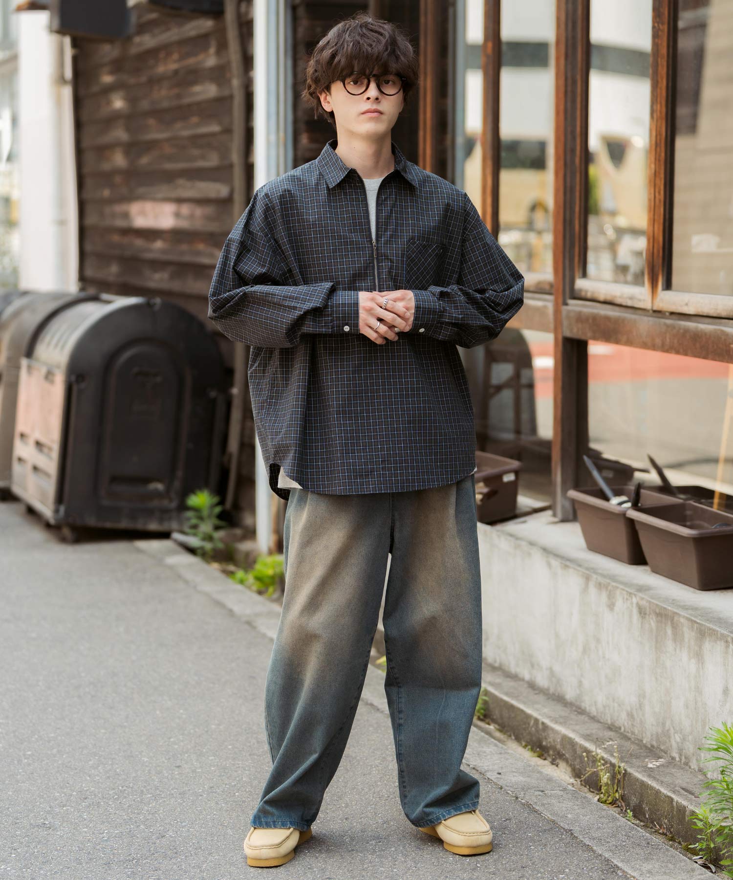 ハーフジップオーバーサイズチェックシャツ/オンブレチェック