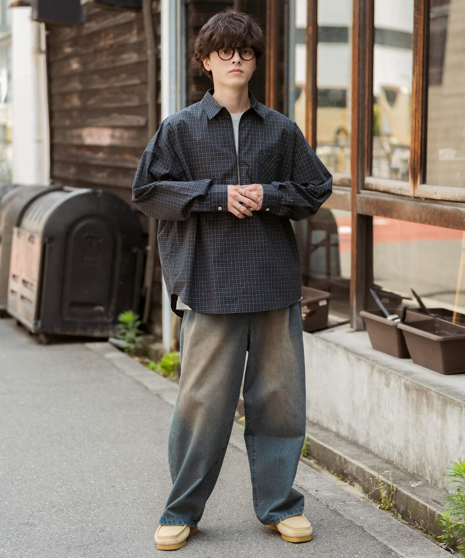 ハーフジップオーバーサイズチェックシャツ/オンブレチェックネルシャツ 14762