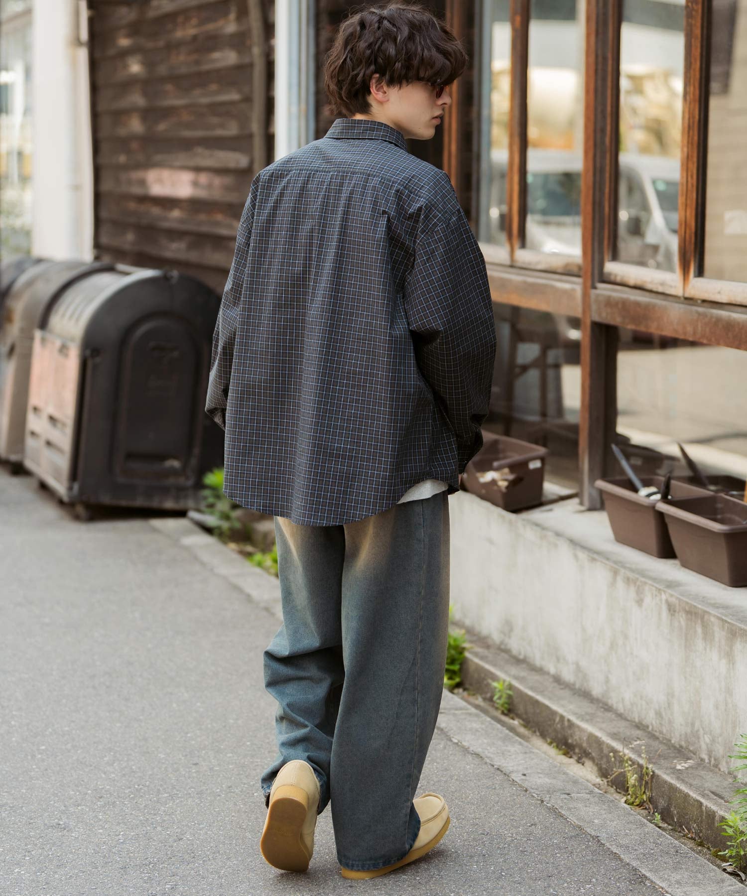 ハーフジップオーバーサイズチェックシャツ/オンブレチェックネルシャツ 14762