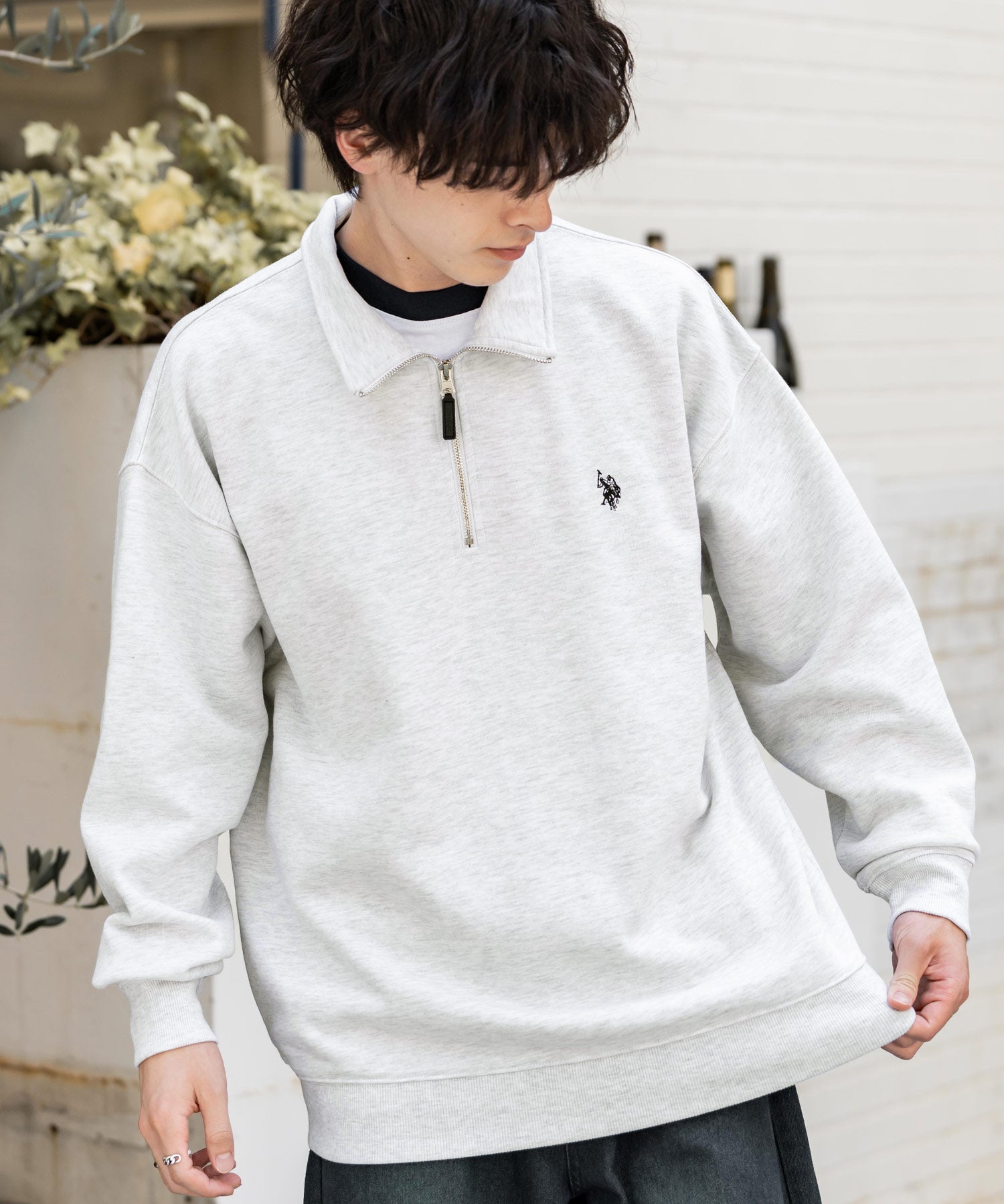 U.S. POLO ASSN. ユーエスポロアッスン オーバーサイズ裏起毛ワンポイントロゴ刺繍長袖ハーフジップスウェット 16108