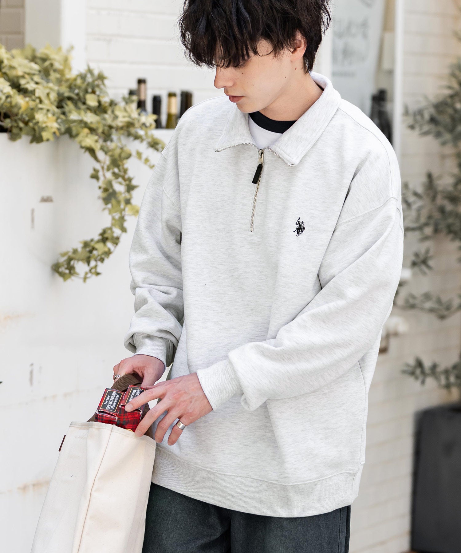 U.S. POLO ASSN. ユーエスポロアッスン オーバーサイズ裏起毛ワンポイントロゴ刺繍長袖ハーフジップスウェット 16108