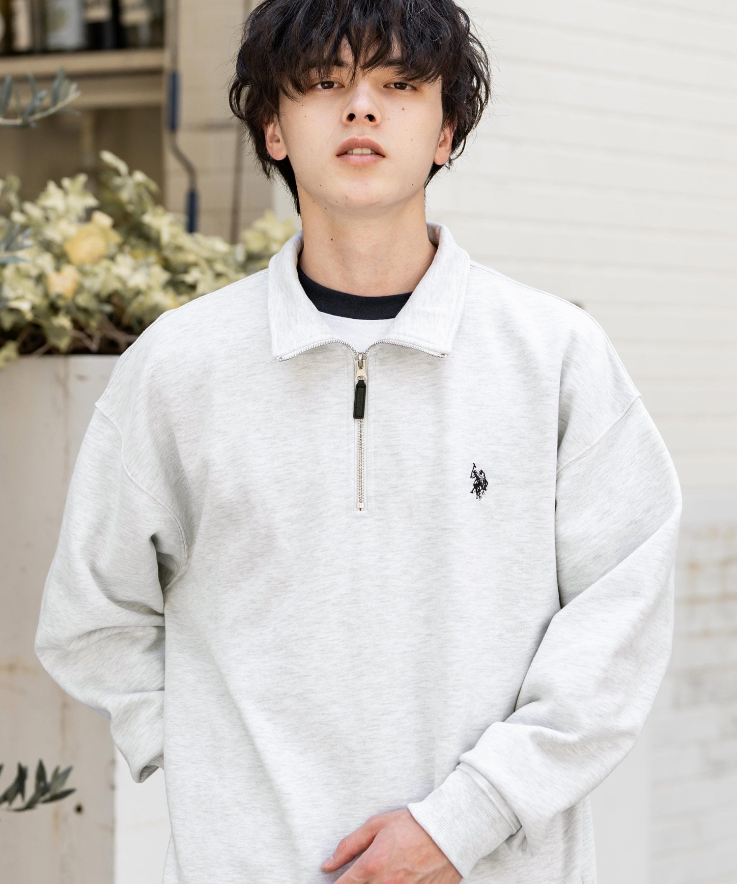 U.S. POLO ASSN. ユーエスポロアッスン オーバーサイズ裏起毛ワンポイントロゴ刺繍長袖ハーフジップスウェット 16108