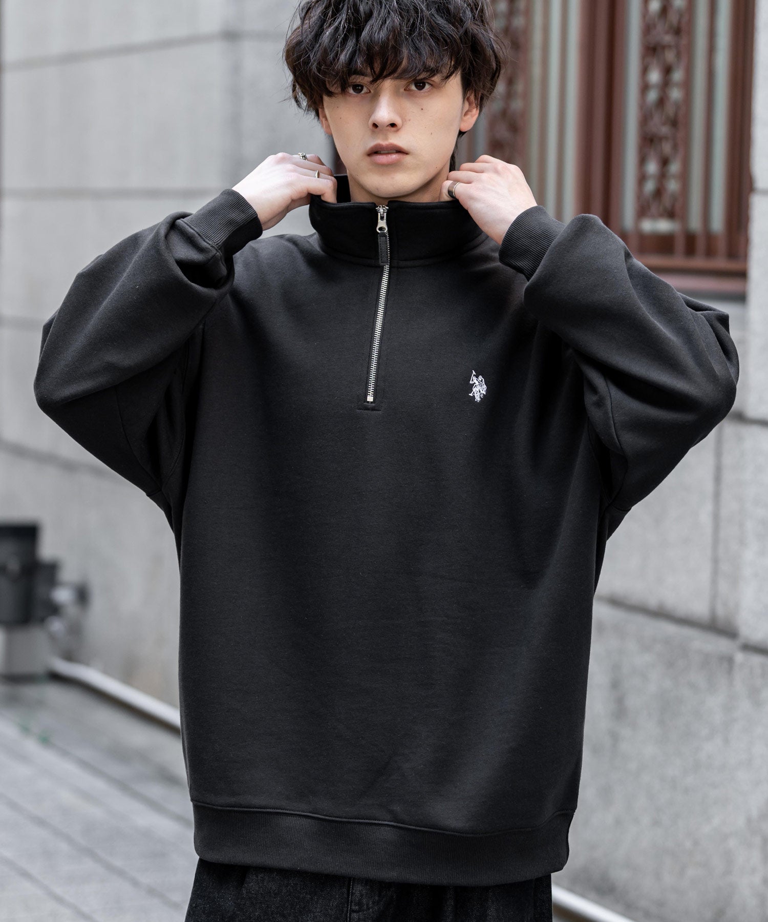 U.S. POLO ASSN. ユーエスポロアッスン オーバーサイズ裏起毛ワンポイントロゴ刺繍長袖ハーフジップスウェット 16108