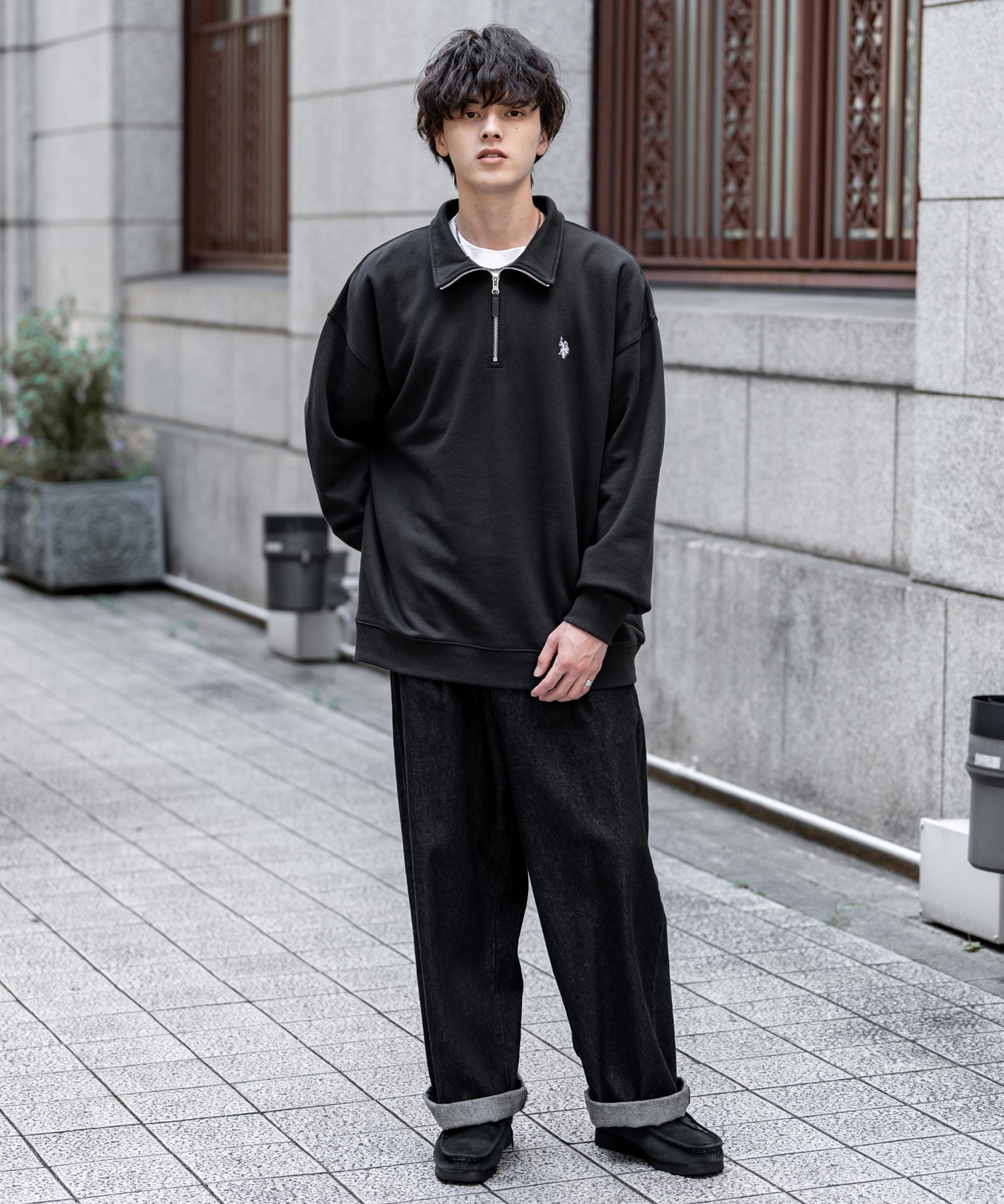U.S. POLO ASSN. ユーエスポロアッスン オーバーサイズ裏起毛ワンポイントロゴ刺繍長袖ハーフジップスウェット 14766