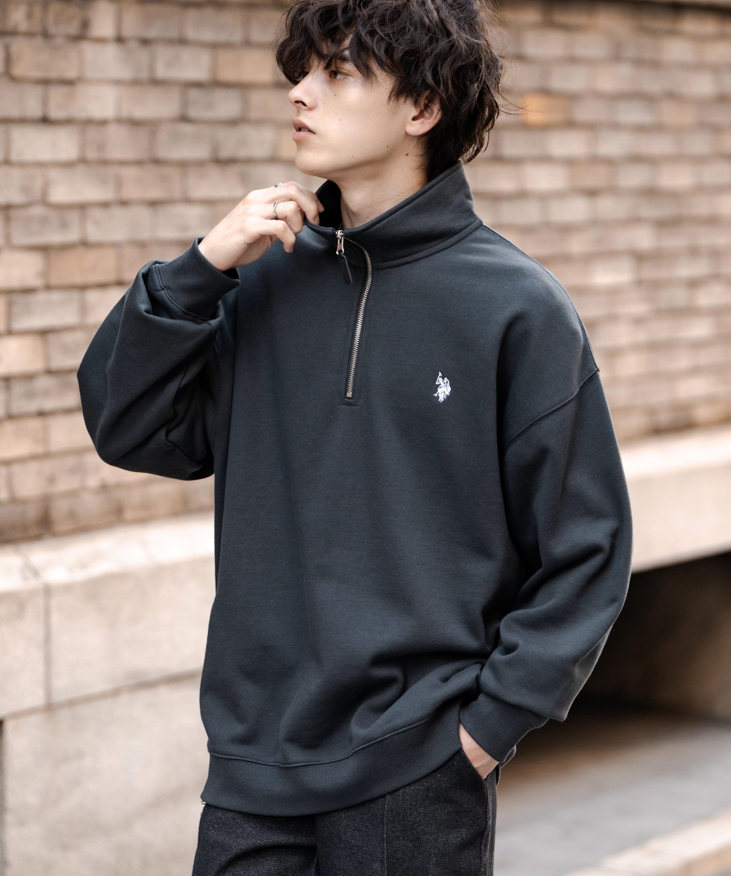 U.S. POLO ASSN. ユーエスポロアッスン オーバーサイズ裏起毛ワンポイントロゴ刺繍長袖ハーフジップスウェット 16108