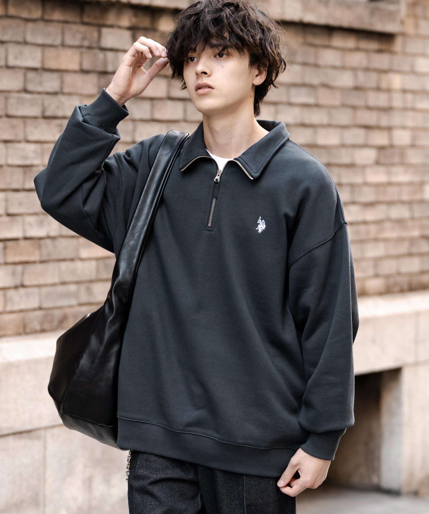 U.S. POLO ASSN. ユーエスポロアッスン オーバーサイズ裏起毛ワンポイントロゴ刺繍長袖ハーフジップスウェット 14766