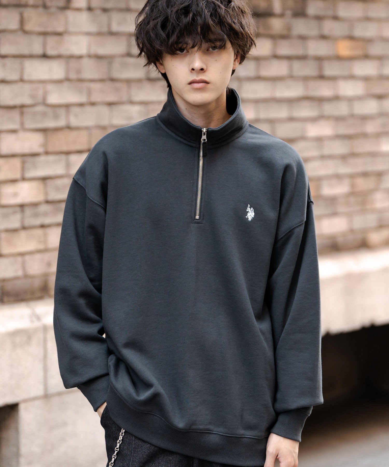 U.S. POLO ASSN. ユーエスポロアッスン オーバーサイズ裏起毛ワンポイントロゴ刺繍長袖ハーフジップスウェット 16108