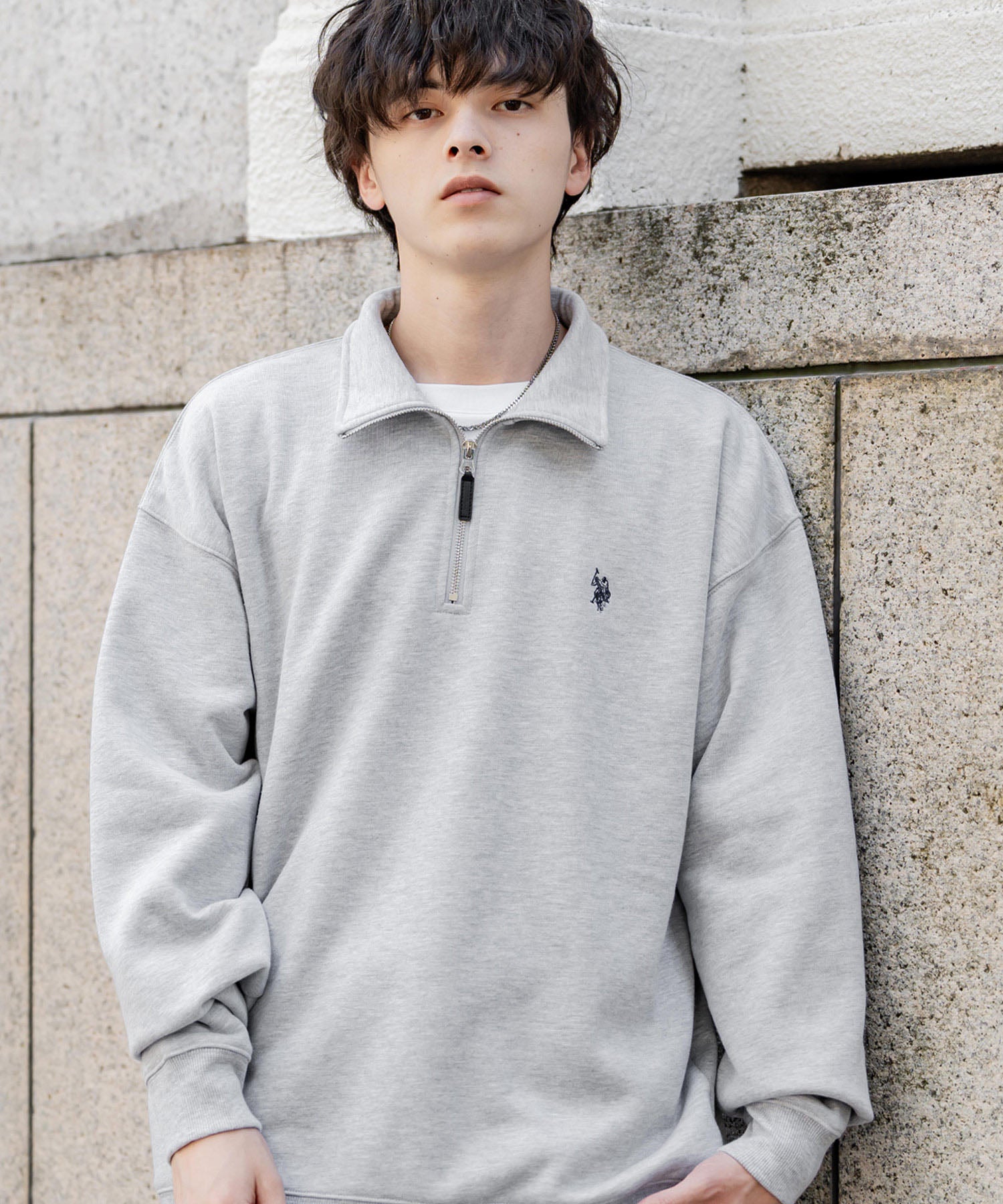 U.S. POLO ASSN. ユーエスポロアッスン オーバーサイズ裏起毛ワンポイントロゴ刺繍長袖ハーフジップスウェット 16108