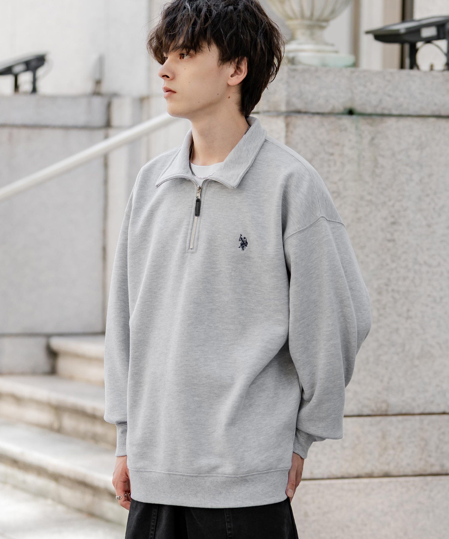 U.S. POLO ASSN. ユーエスポロアッスン オーバーサイズ裏起毛ワンポイントロゴ刺繍長袖ハーフジップスウェット 16108