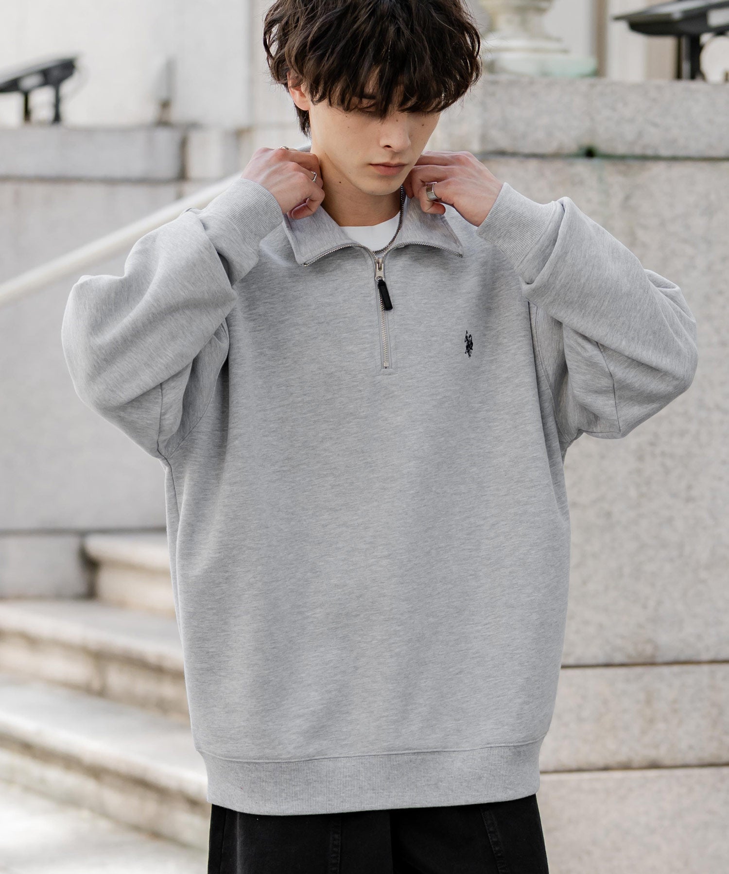 U.S. POLO ASSN. ユーエスポロアッスン オーバーサイズ裏起毛ワンポイントロゴ刺繍長袖ハーフジップスウェット 16108