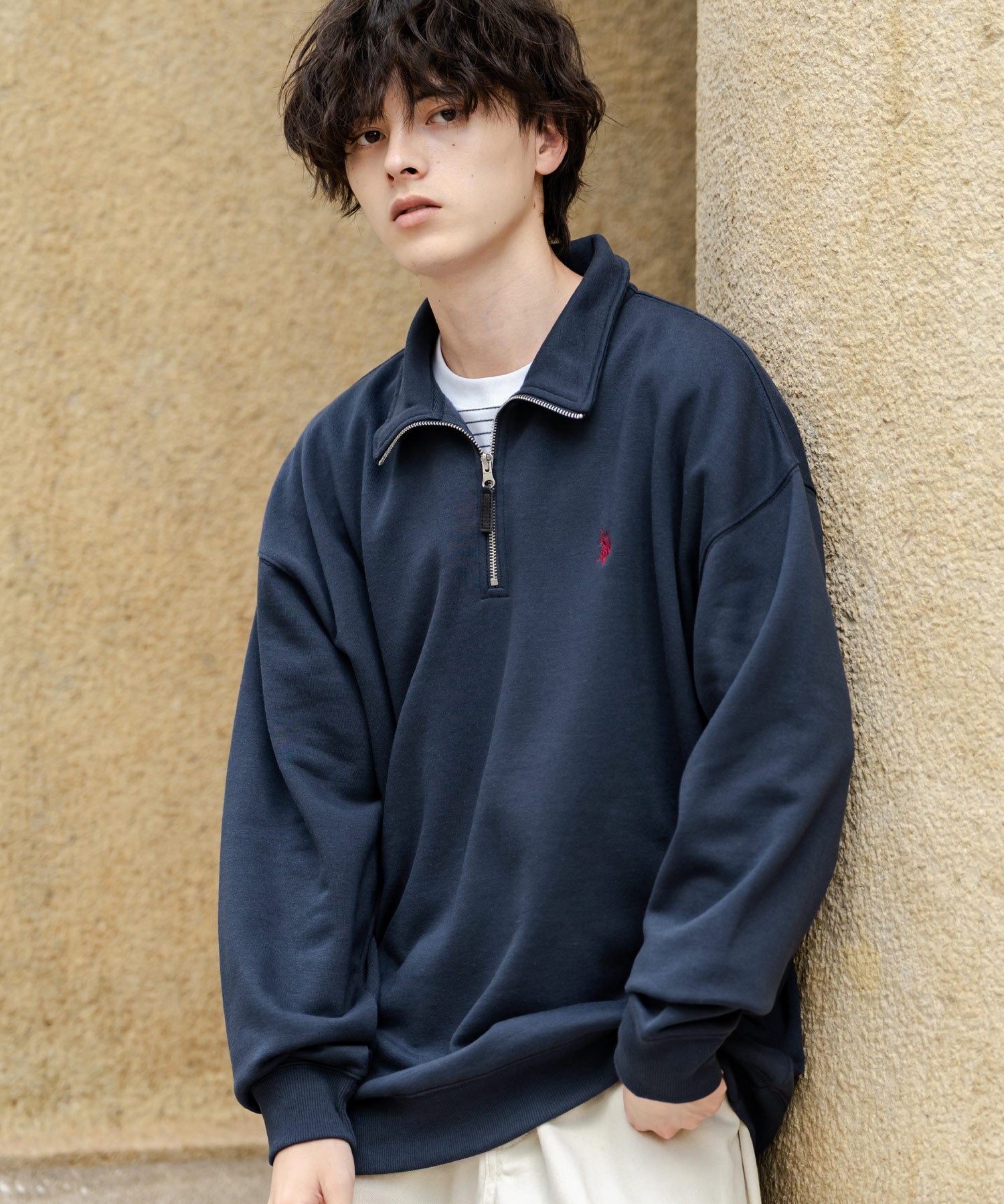 U.S. POLO ASSN. ユーエスポロアッスン オーバーサイズ裏起毛ワンポイントロゴ刺繍長袖ハーフジップスウェット 16108
