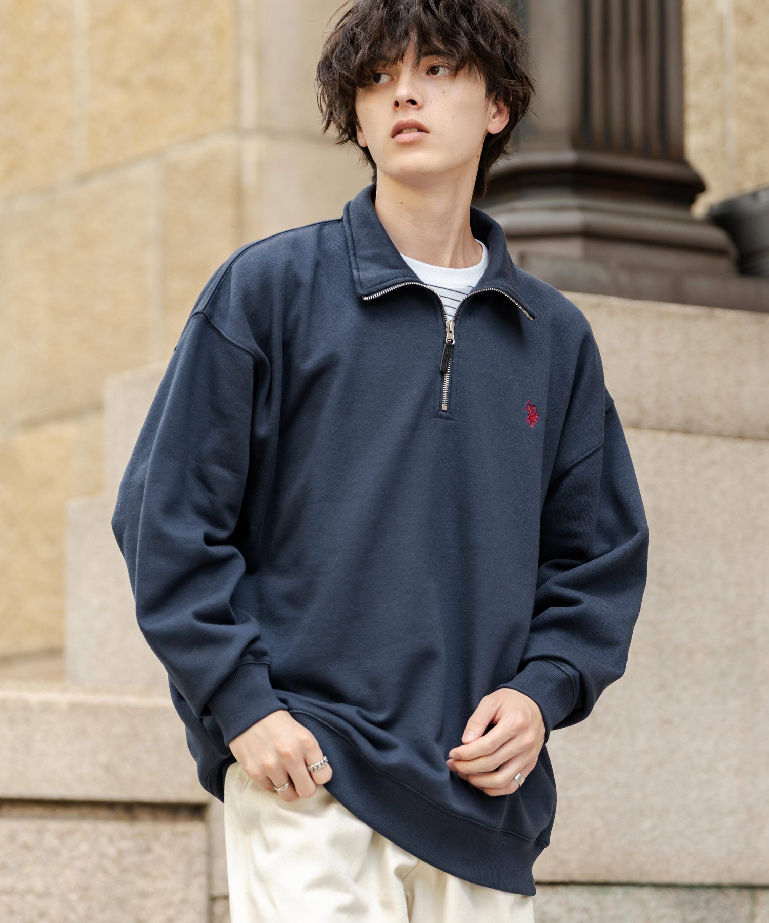 U.S. POLO ASSN. ユーエスポロアッスン オーバーサイズ裏起毛ワンポイントロゴ刺繍長袖ハーフジップスウェット 16108