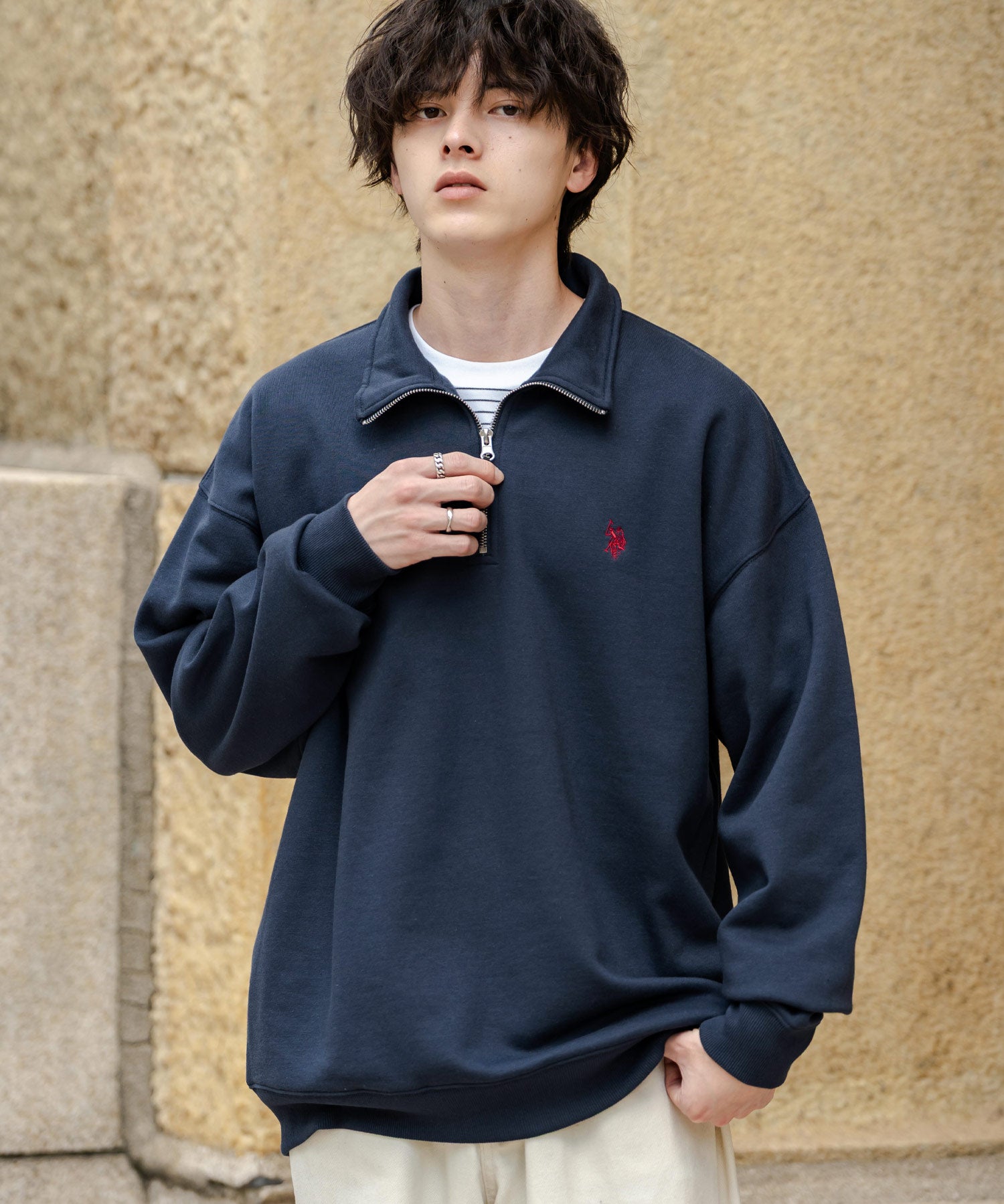 U.S. POLO ASSN. ユーエスポロアッスン オーバーサイズ裏起毛ワンポイントロゴ刺繍長袖ハーフジップスウェット 16108