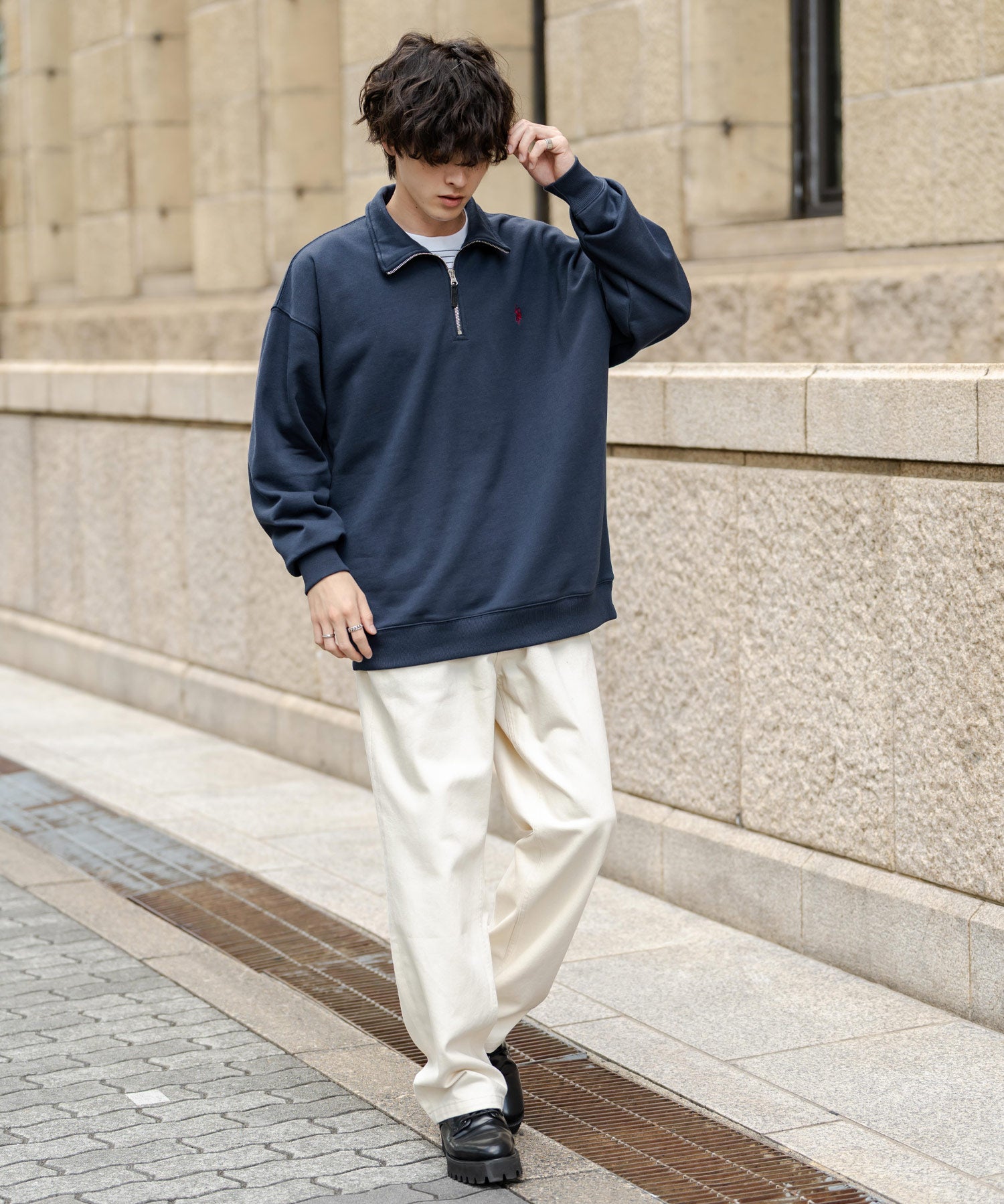 U.S. POLO ASSN. ユーエスポロアッスン オーバーサイズ裏起毛ワンポイントロゴ刺繍長袖ハーフジップスウェット 14766