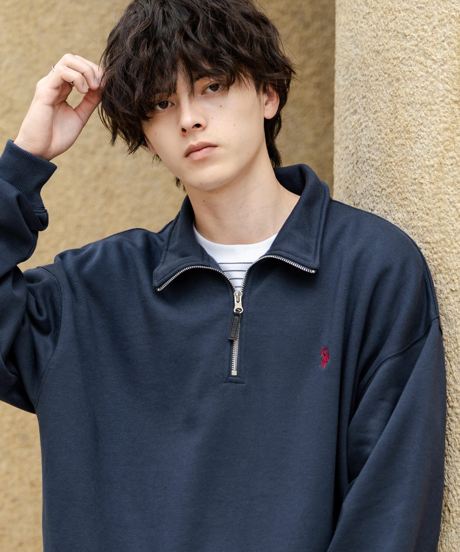 U.S. POLO ASSN. ユーエスポロアッスン オーバーサイズ裏起毛ワンポイントロゴ刺繍長袖ハーフジップスウェット 14766
