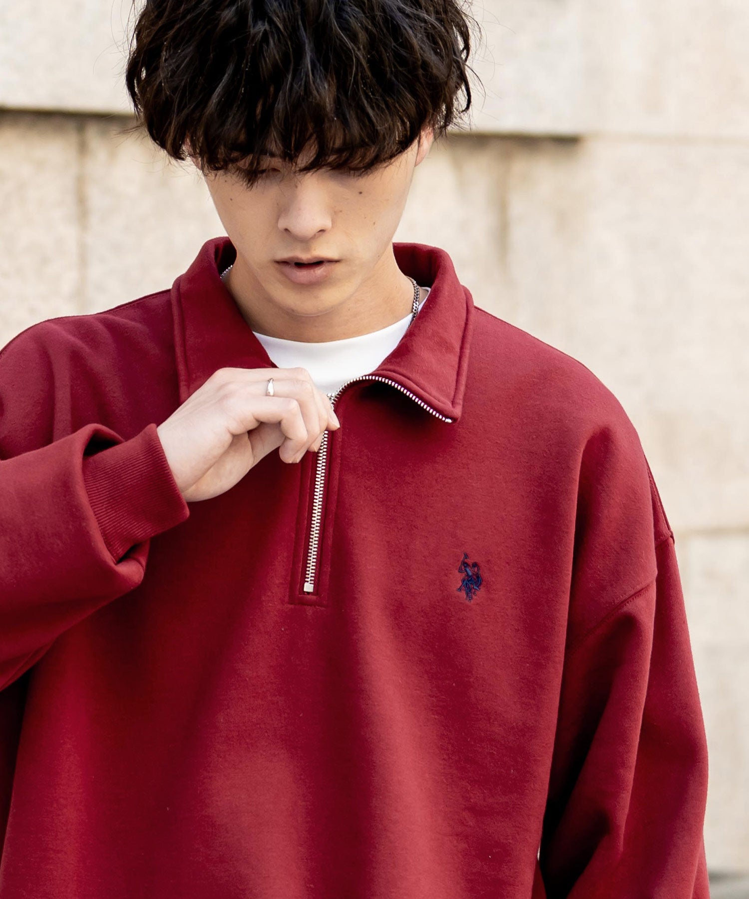 U.S. POLO ASSN. ユーエスポロアッスン オーバーサイズ裏起毛ワンポイントロゴ刺繍長袖ハーフジップスウェット 16108