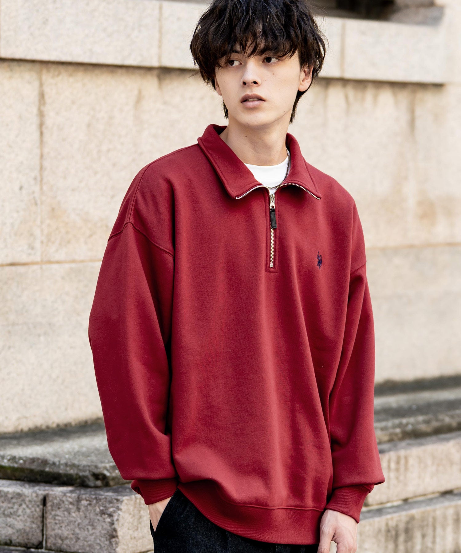 U.S. POLO ASSN. ユーエスポロアッスン オーバーサイズ裏起毛ワンポイントロゴ刺繍長袖ハーフジップスウェット 14766