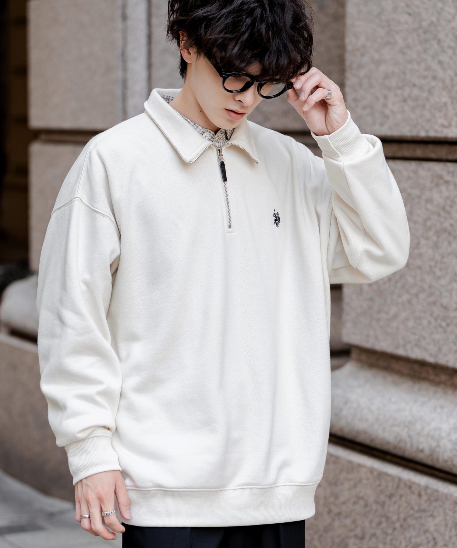 U.S. POLO ASSN. ユーエスポロアッスン オーバーサイズ裏起毛ワンポイントロゴ刺繍長袖ハーフジップスウェット 16108