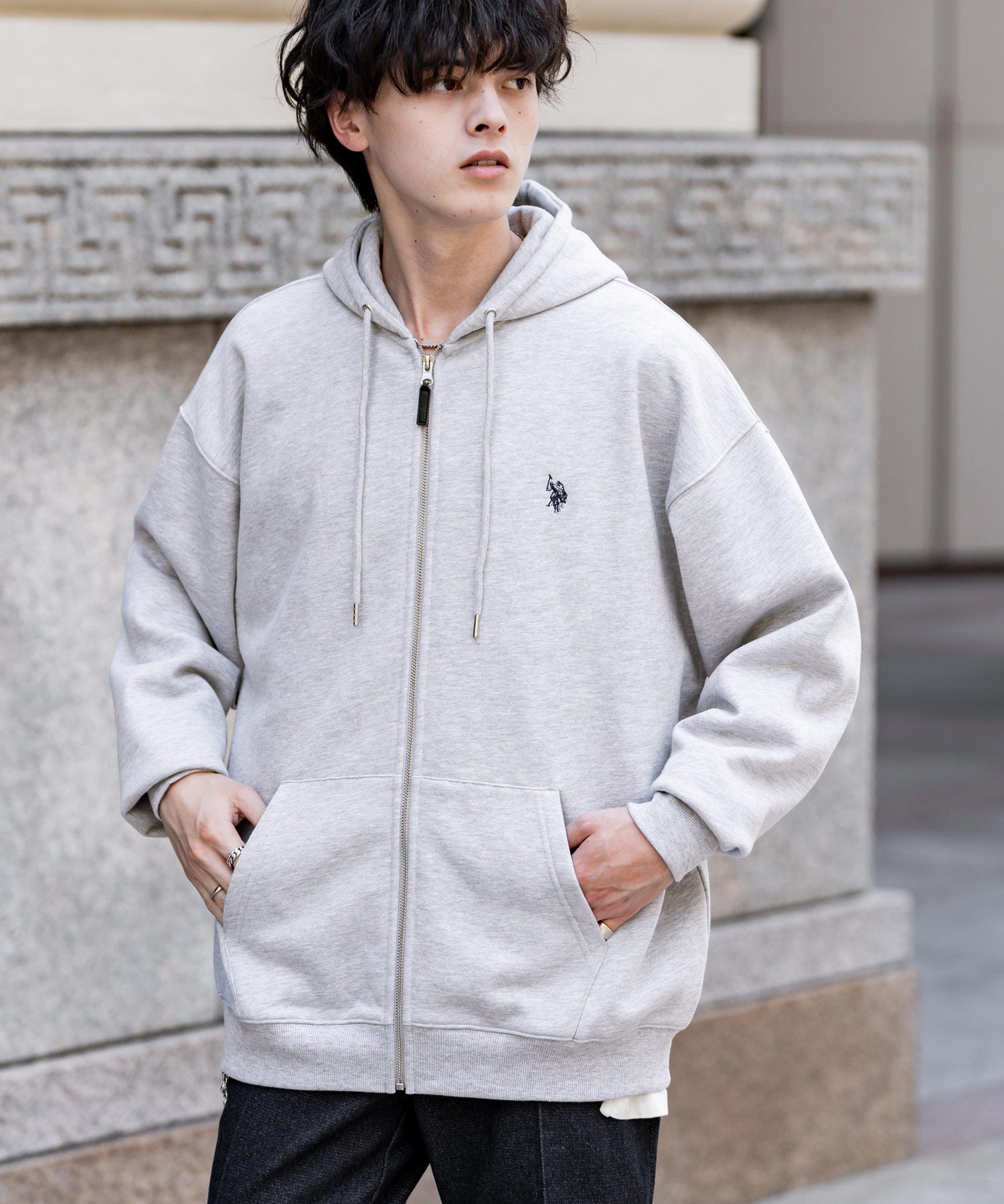 U.S. POLO ASSN. ユーエスポロアッスン オーバーサイズ裏起毛ワンポイントロゴ刺繍フルジップ長袖パーカー 14767