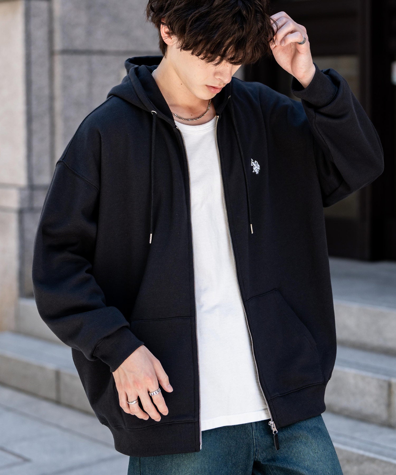 U.S. POLO ASSN. ユーエスポロアッスン オーバーサイズ裏起毛ワンポイントロゴ刺繍フルジップ長袖パーカー 14767