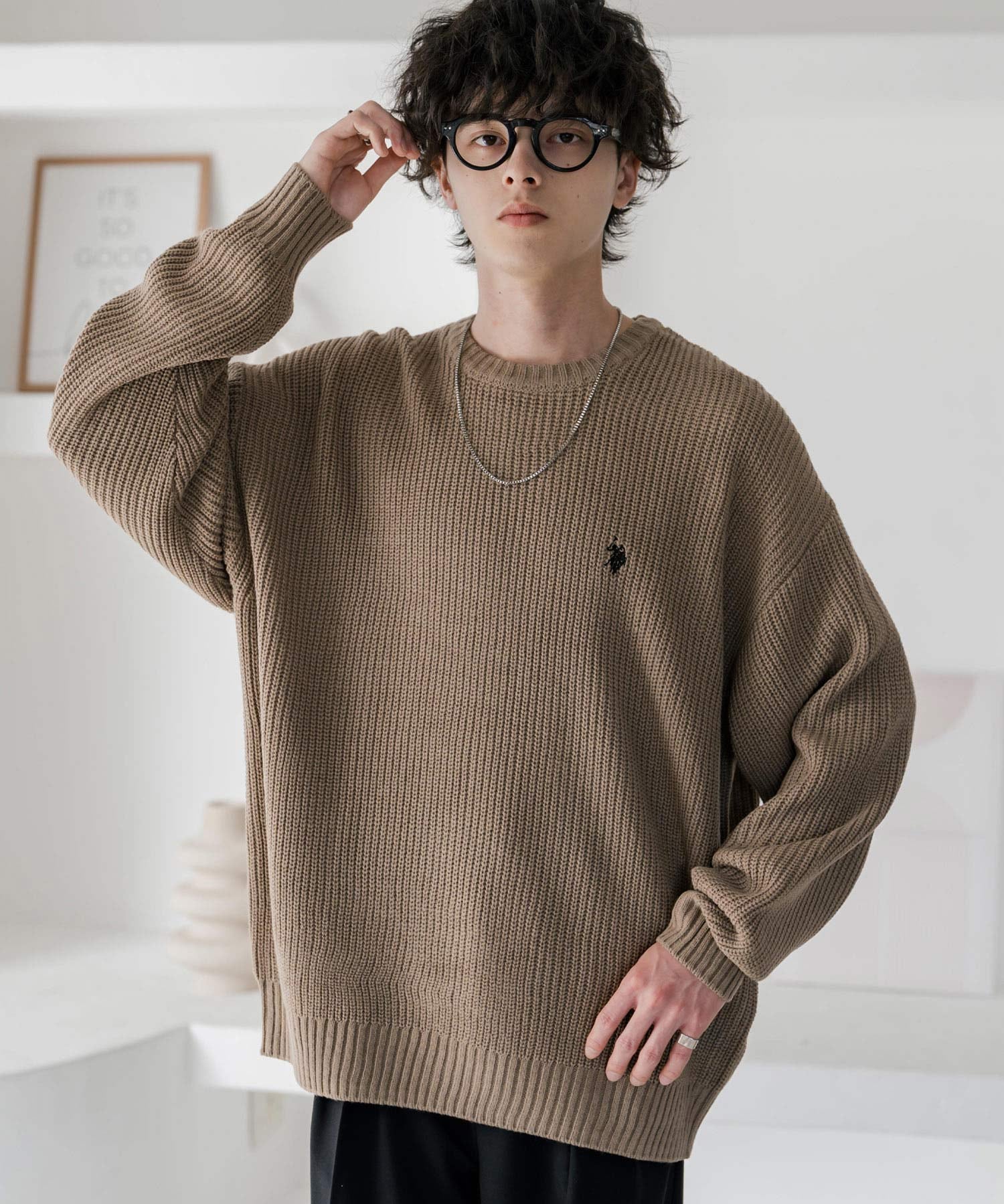 新色追加 U.S. POLO ASSN. ユーエスポロアッスン 別注コラボ オーバーサイズワンポイントロゴ刺繍畦編みクルーネック長袖ニットセーター 14768