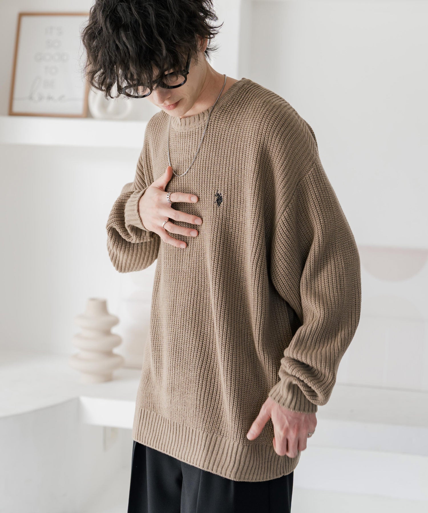 新色追加 U.S. POLO ASSN. ユーエスポロアッスン 別注コラボ オーバーサイズワンポイントロゴ刺繍畦編みクルーネック長袖ニットセーター 14768