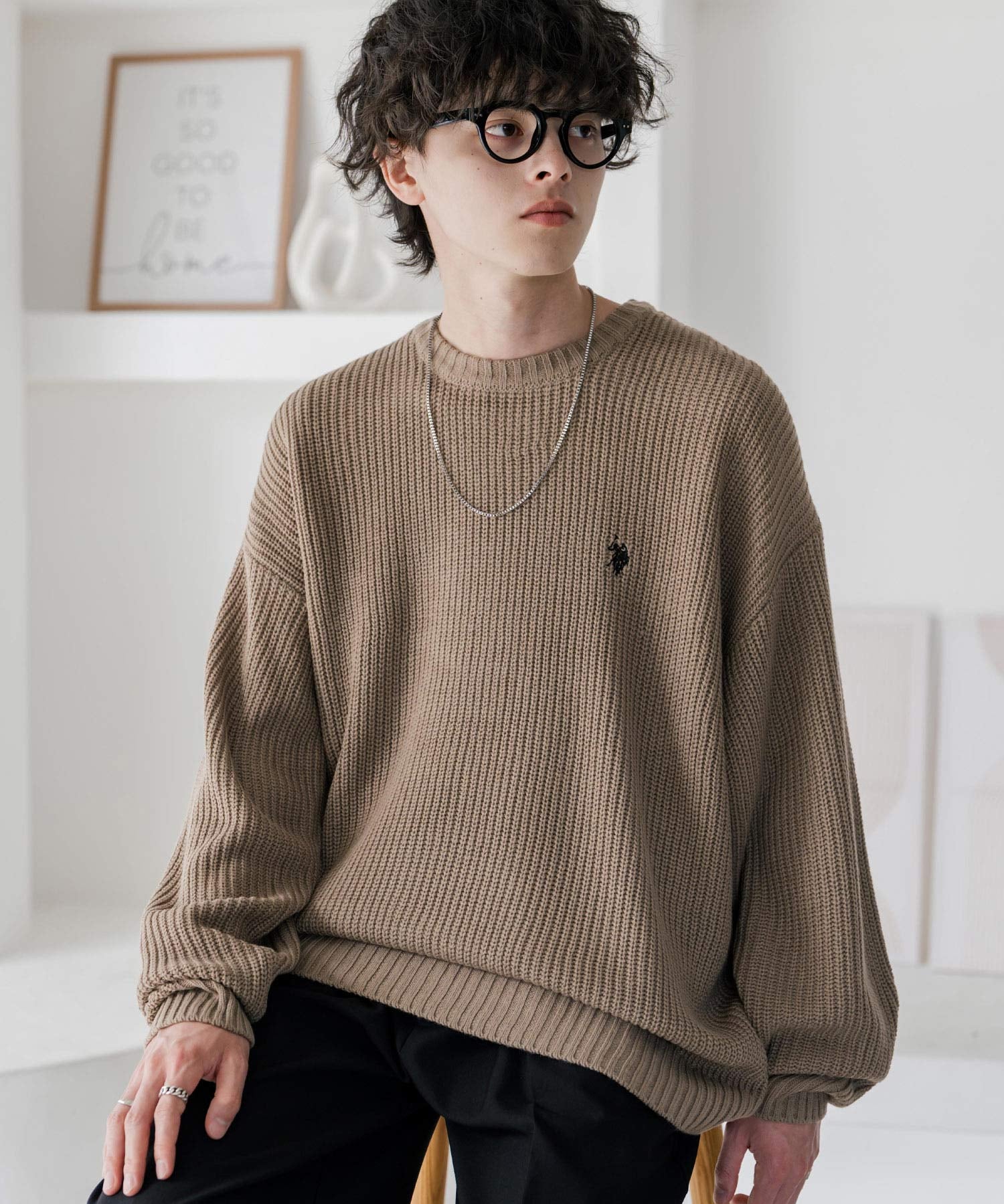 新色追加 U.S. POLO ASSN. ユーエスポロアッスン 別注コラボ オーバーサイズワンポイントロゴ刺繍畦編みクルーネック長袖ニットセーター 14768