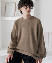 新色追加 U.S. POLO ASSN. ユーエスポロアッスン 別注コラボ オーバーサイズワンポイントロゴ刺繍畦編みクルーネック長袖ニットセーター 14768