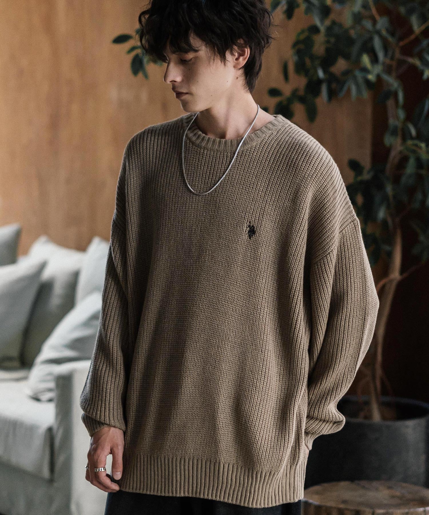 U.S. POLO ASSN. ユーエスポロアッスン 別注コラボ オーバーサイズワンポイントロゴ刺繍畦編みクルーネック長袖ニットセーター 14768