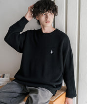 新色追加 U.S. POLO ASSN. ユーエスポロアッスン 別注コラボ オーバーサイズワンポイントロゴ刺繍畦編みクルーネック長袖ニットセーター 14768