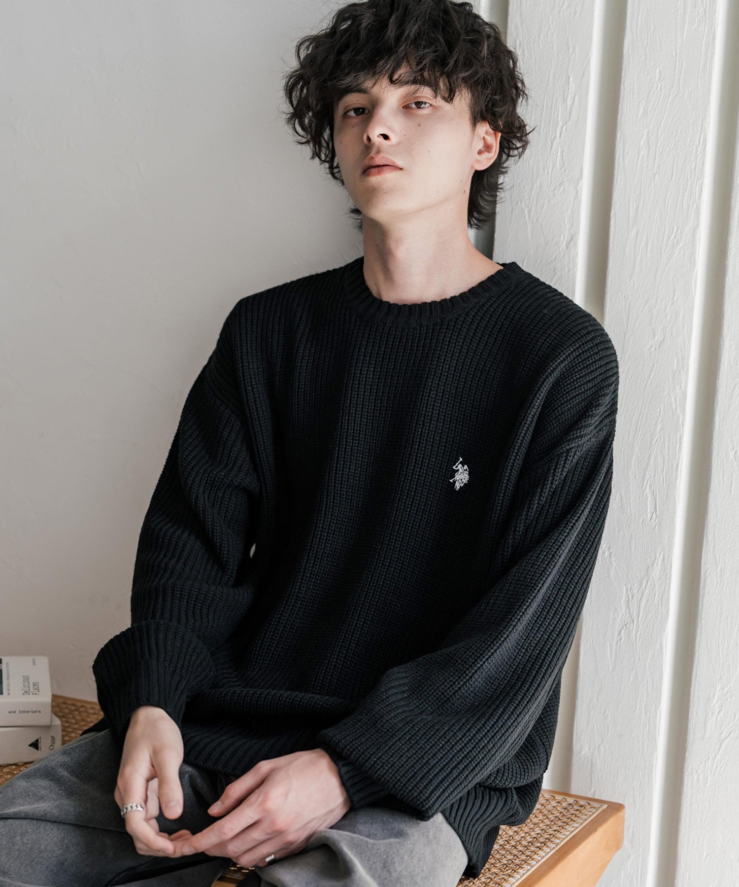 新色追加 U.S. POLO ASSN. ユーエスポロアッスン 別注コラボ オーバーサイズワンポイントロゴ刺繍畦編みクルーネック長袖ニットセーター 14768