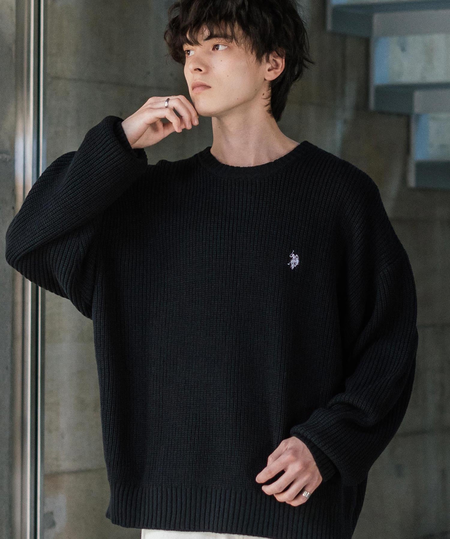 U.S. POLO ASSN. ユーエスポロアッスン 別注コラボ オーバーサイズワンポイントロゴ刺繍畦編みクルーネック長袖ニットセーター 14768