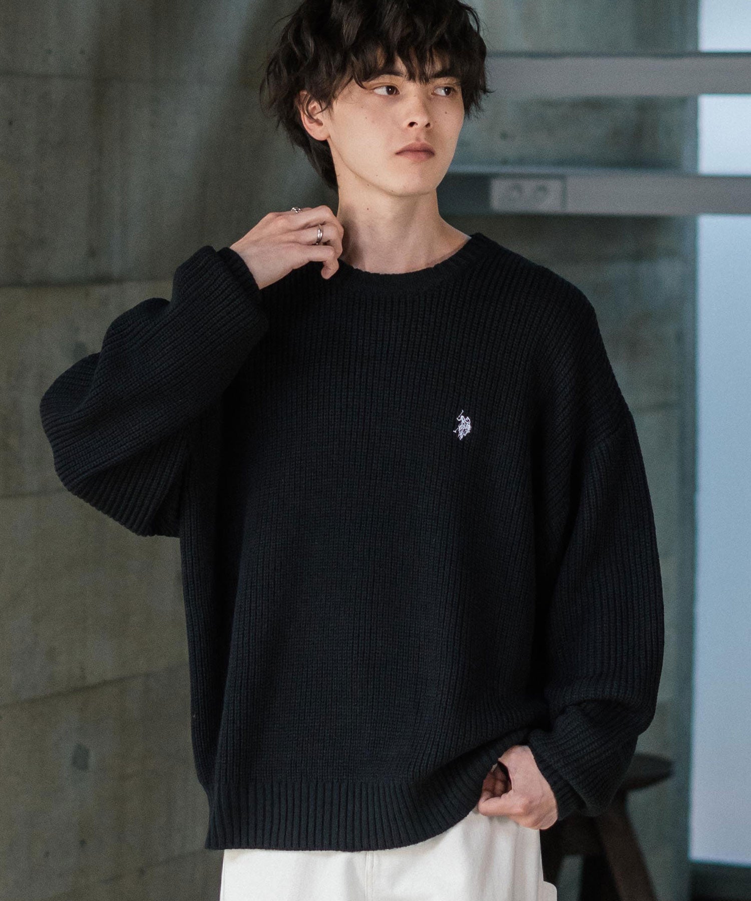U.S. POLO ASSN. ユーエスポロアッスン 別注コラボ オーバーサイズワンポイントロゴ刺繍畦編みクルーネック長袖ニットセーター 14768