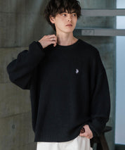 U.S. POLO ASSN. ユーエスポロアッスン 別注コラボ オーバーサイズワンポイントロゴ刺繍畦編みクルーネック長袖ニットセーター 14768