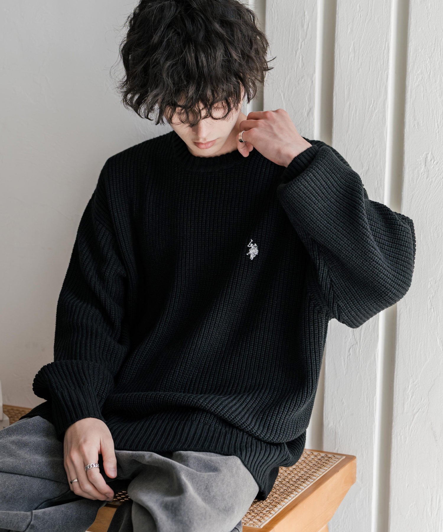 新色追加 U.S. POLO ASSN. ユーエスポロアッスン 別注コラボ オーバーサイズワンポイントロゴ刺繍畦編みクルーネック長袖ニットセーター 14768