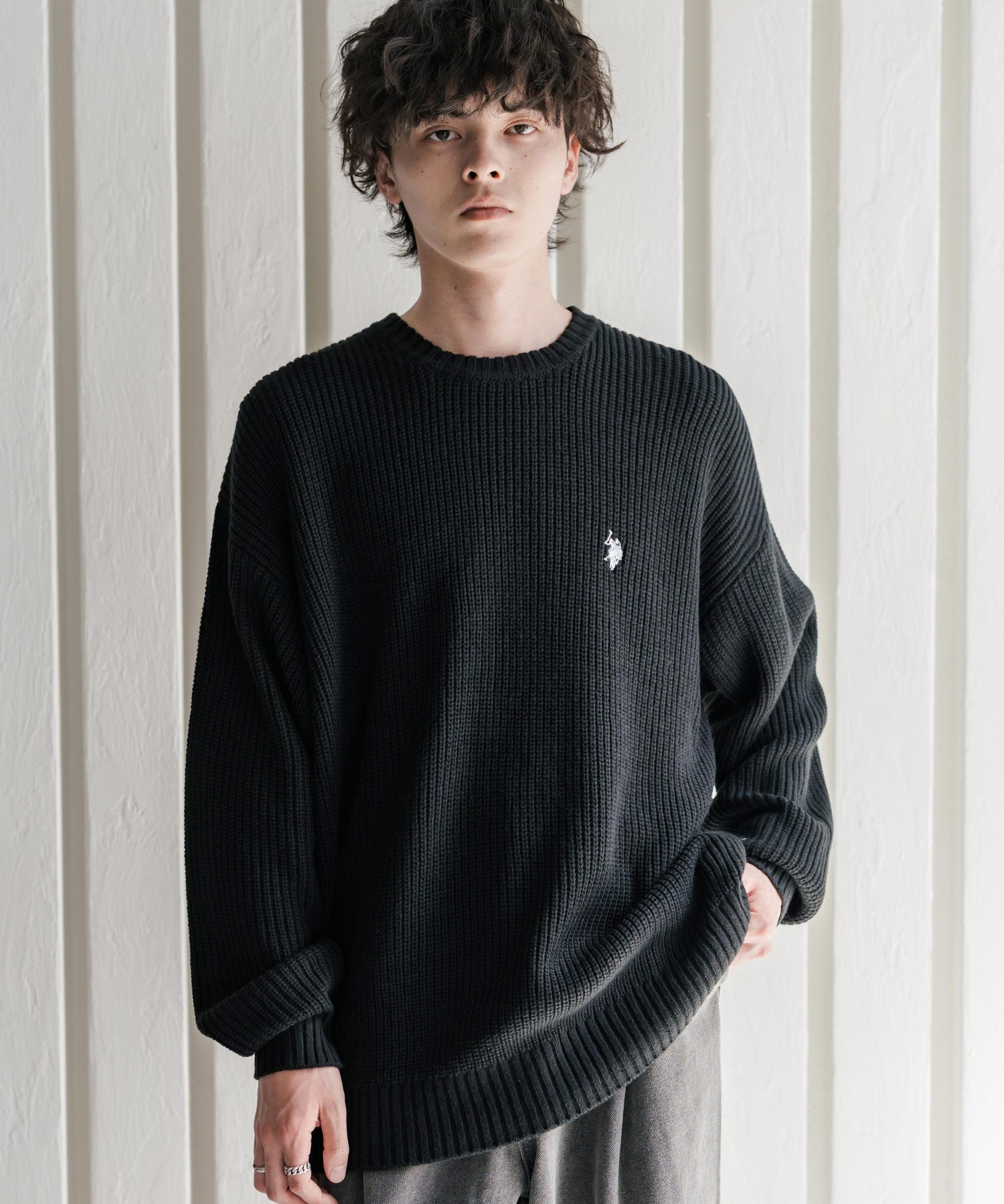新色追加 U.S. POLO ASSN. ユーエスポロアッスン 別注コラボ オーバーサイズワンポイントロゴ刺繍畦編みクルーネック長袖ニットセーター 14768