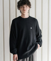 新色追加 U.S. POLO ASSN. ユーエスポロアッスン 別注コラボ オーバーサイズワンポイントロゴ刺繍畦編みクルーネック長袖ニットセーター 14768