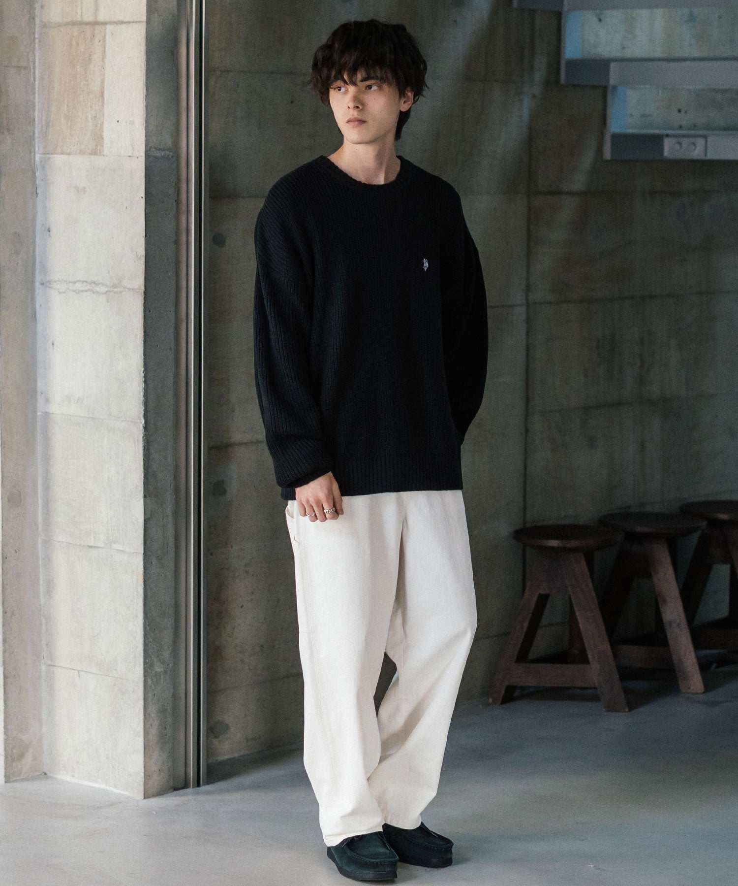 U.S. POLO ASSN. ユーエスポロアッスン 別注コラボ オーバーサイズワンポイントロゴ刺繍畦編みクルーネック長袖ニットセーター 14768