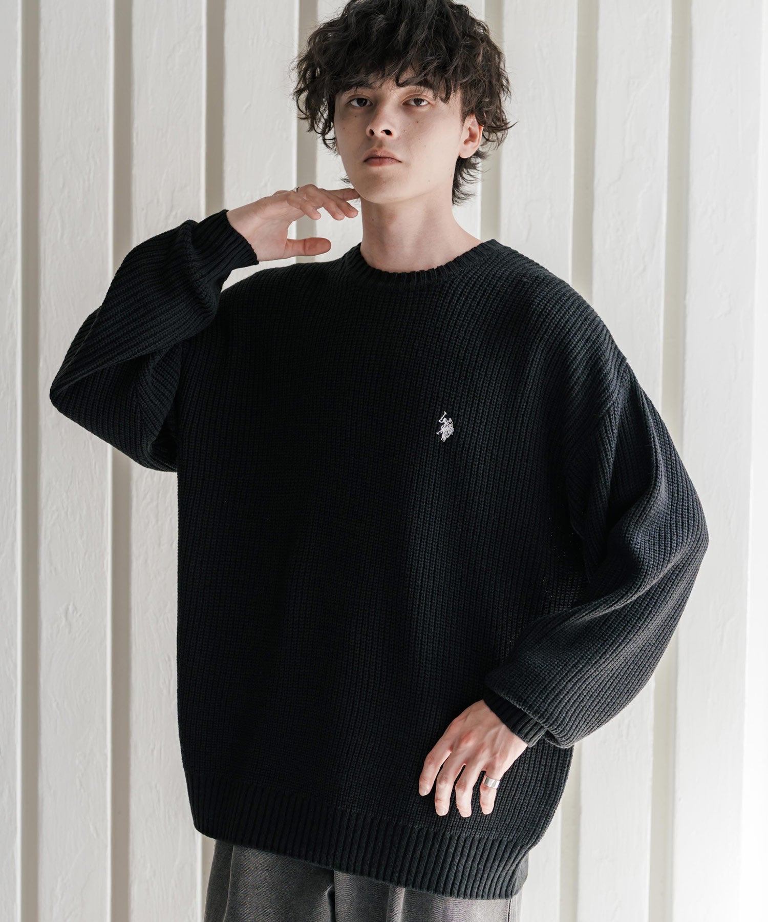 新色追加 U.S. POLO ASSN. ユーエスポロアッスン 別注コラボ オーバーサイズワンポイントロゴ刺繍畦編みクルーネック長袖ニットセーター 14768