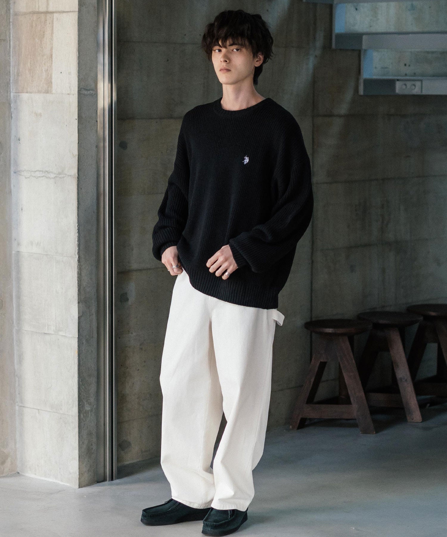 U.S. POLO ASSN. ユーエスポロアッスン 別注コラボ オーバーサイズワンポイントロゴ刺繍畦編みクルーネック長袖ニットセーター 14768