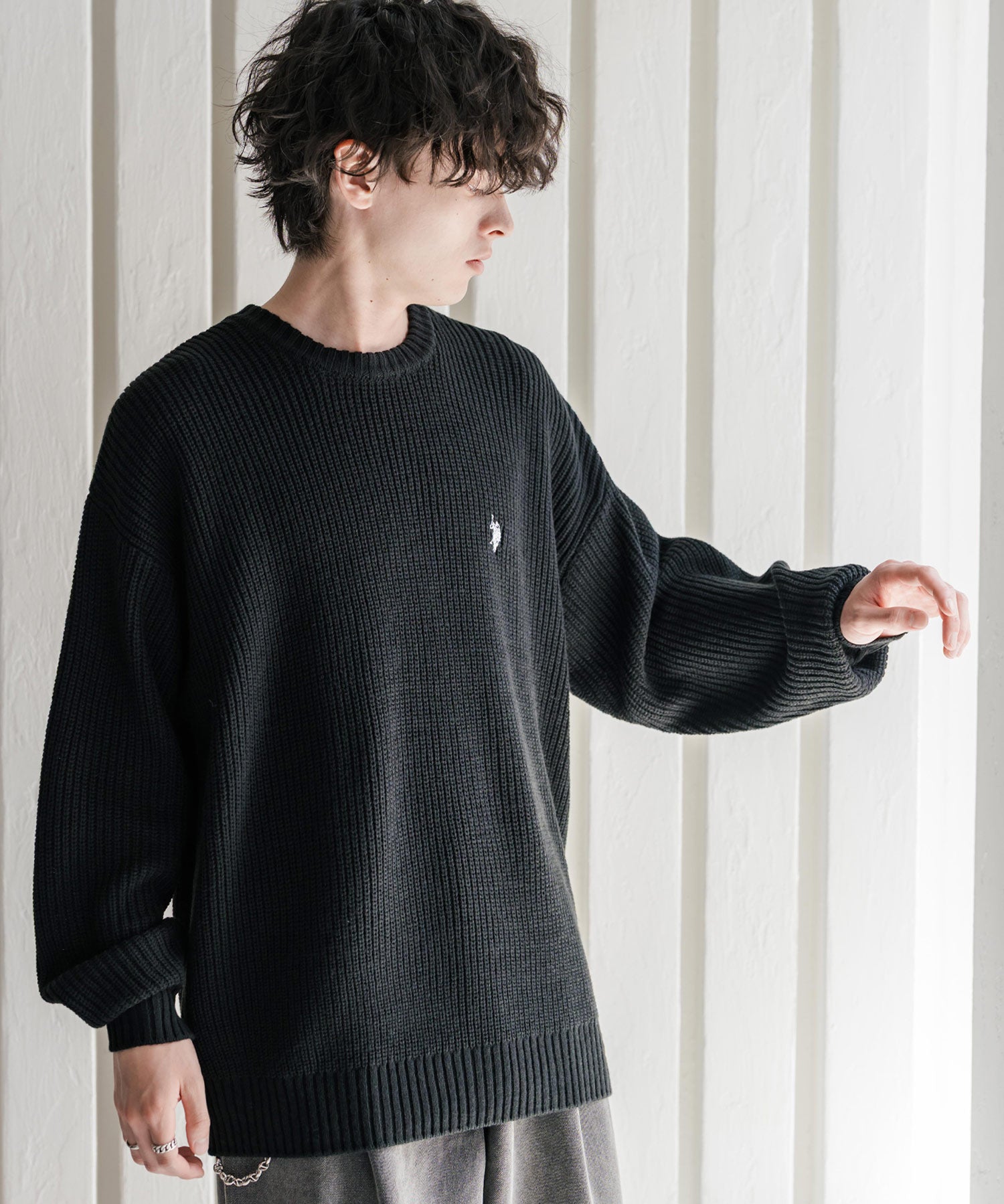 新色追加 U.S. POLO ASSN. ユーエスポロアッスン 別注コラボ オーバーサイズワンポイントロゴ刺繍畦編みクルーネック長袖ニットセーター 14768