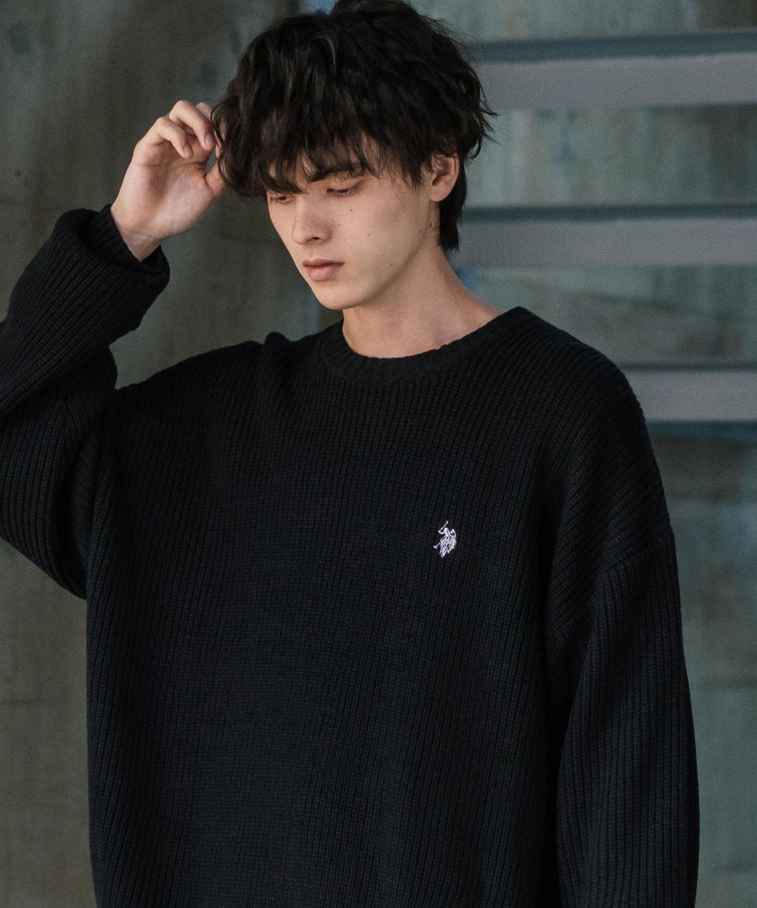 U.S. POLO ASSN. ユーエスポロアッスン 別注コラボ オーバーサイズワンポイントロゴ刺繍畦編みクルーネック長袖ニットセーター 14768