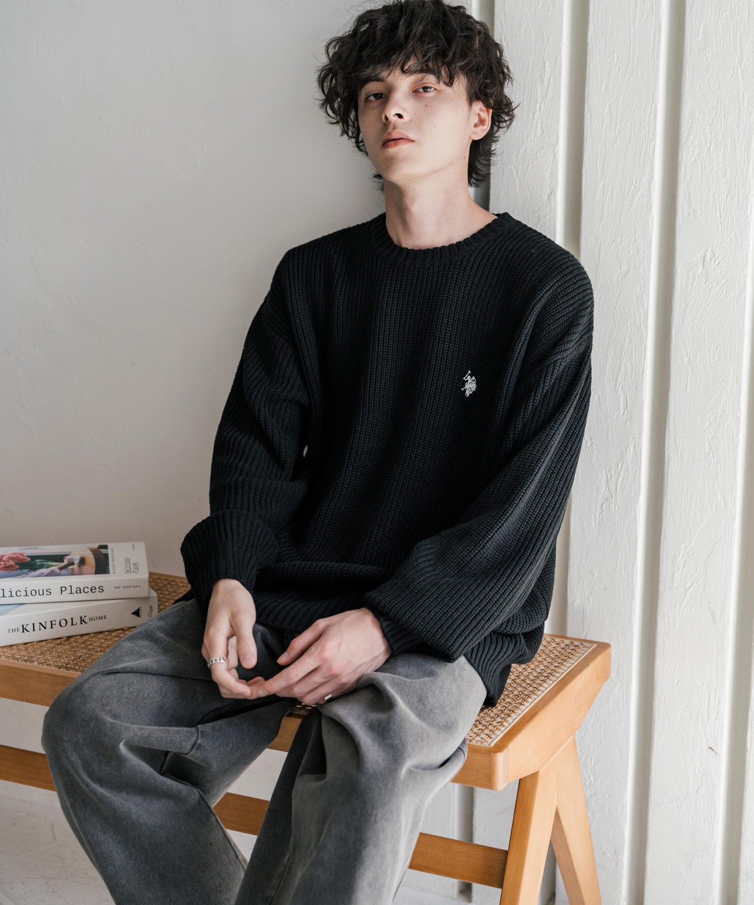 新色追加 U.S. POLO ASSN. ユーエスポロアッスン 別注コラボ オーバーサイズワンポイントロゴ刺繍畦編みクルーネック長袖ニットセーター 14768