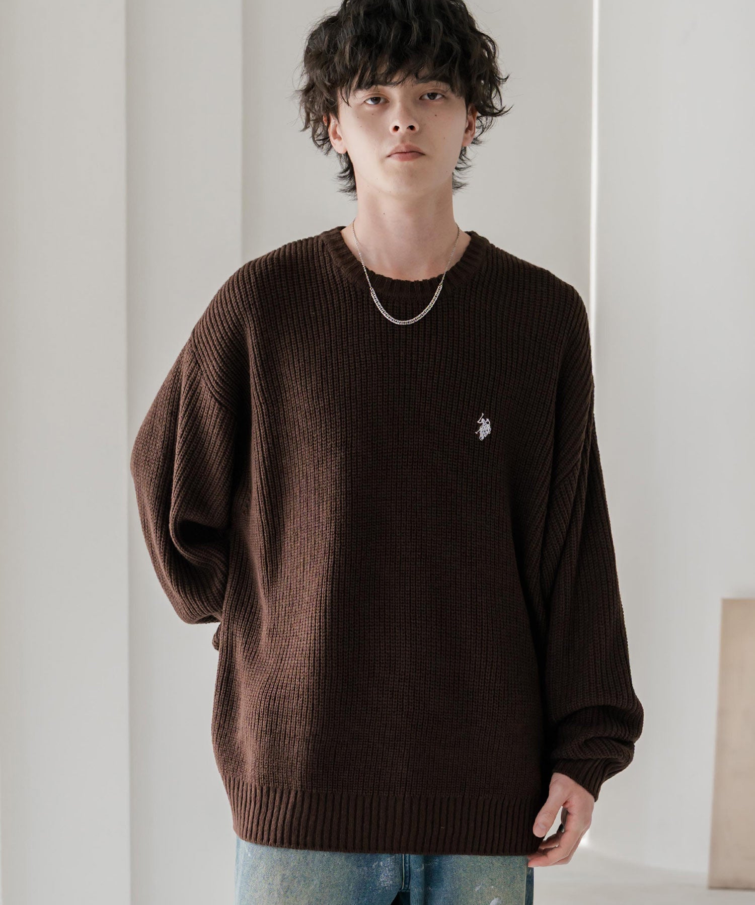 新色追加 U.S. POLO ASSN. ユーエスポロアッスン 別注コラボ オーバーサイズワンポイントロゴ刺繍畦編みクルーネック長袖ニットセーター 14768