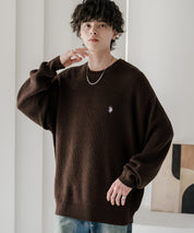 新色追加 U.S. POLO ASSN. ユーエスポロアッスン 別注コラボ オーバーサイズワンポイントロゴ刺繍畦編みクルーネック長袖ニットセーター 14768
