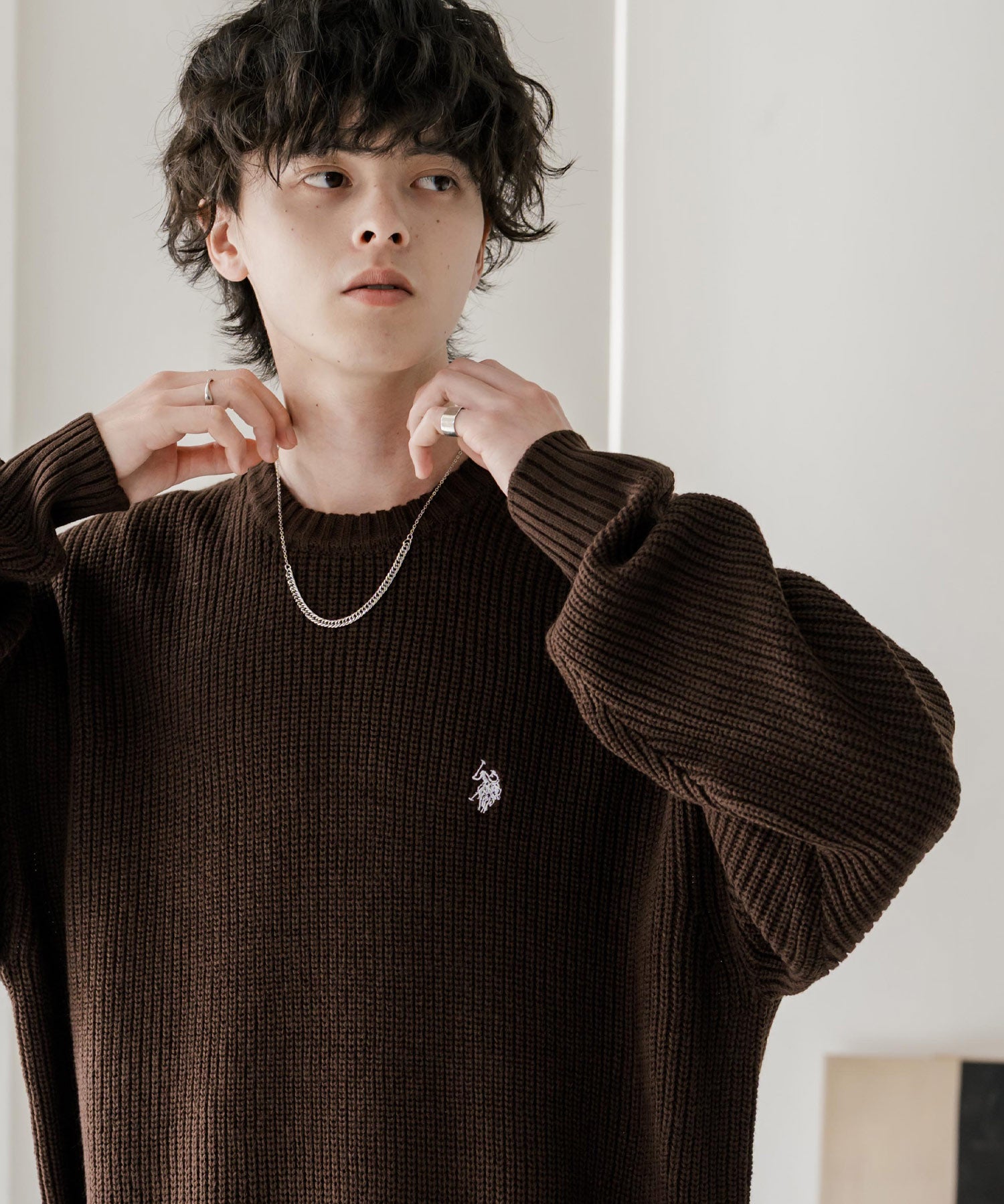 新色追加 U.S. POLO ASSN. ユーエスポロアッスン 別注コラボ オーバーサイズワンポイントロゴ刺繍畦編みクルーネック長袖ニットセーター 14768