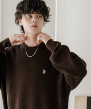新色追加 U.S. POLO ASSN. ユーエスポロアッスン 別注コラボ オーバーサイズワンポイントロゴ刺繍畦編みクルーネック長袖ニットセーター 14768
