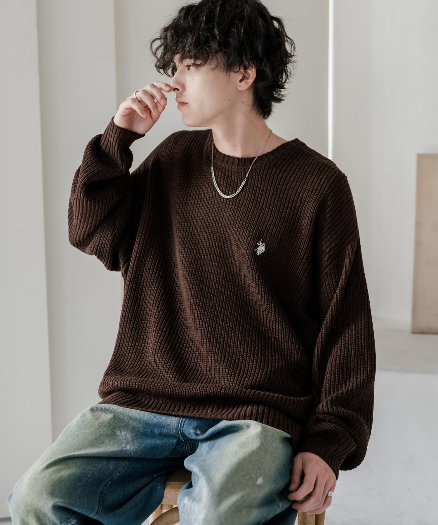 新色追加 U.S. POLO ASSN. ユーエスポロアッスン 別注コラボ オーバーサイズワンポイントロゴ刺繍畦編みクルーネック長袖ニットセーター 14768